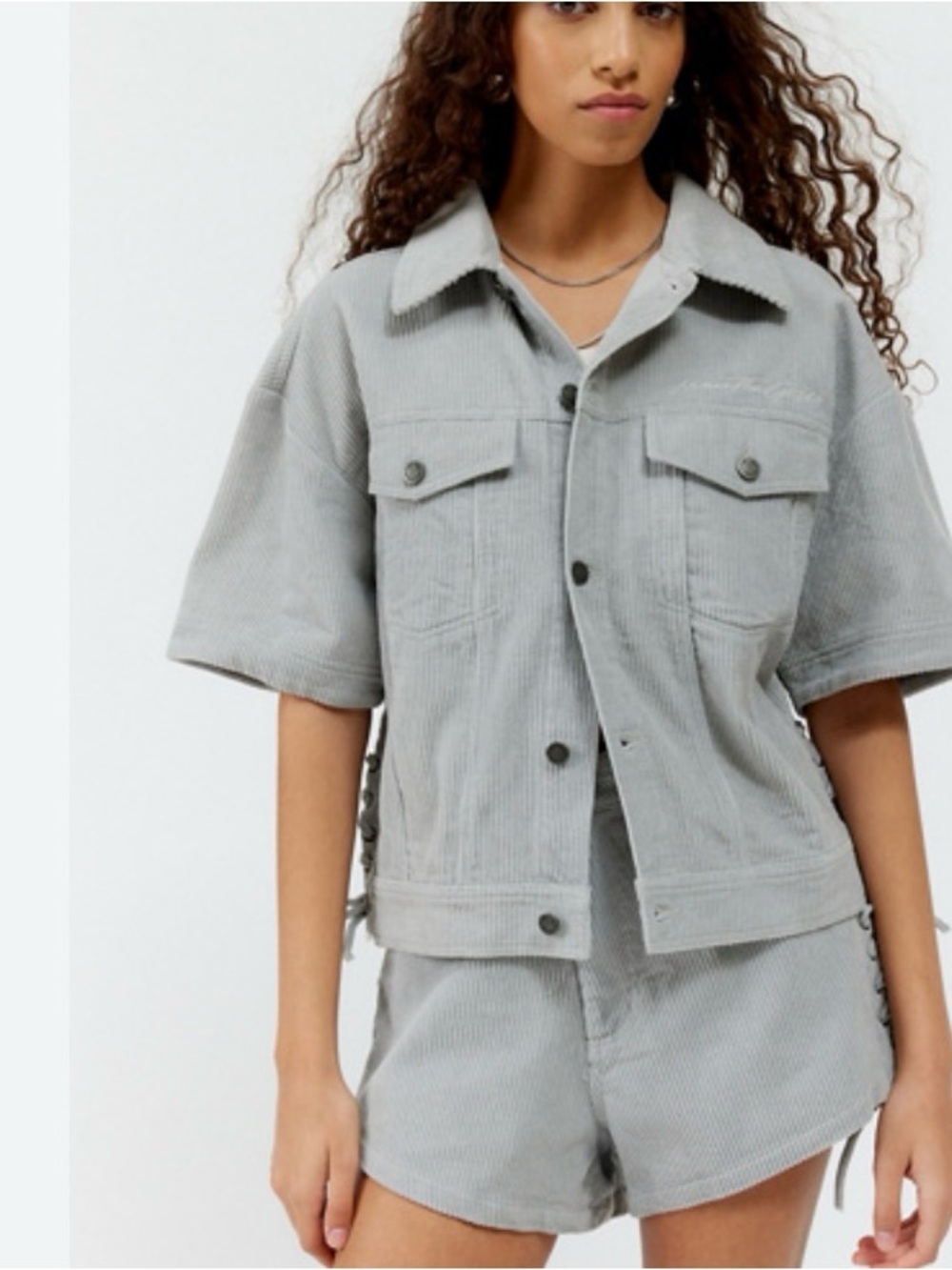 Honor The Gift Corduroy Short Sleeve Gray Jacket Tie Sides Feminine Size S UO